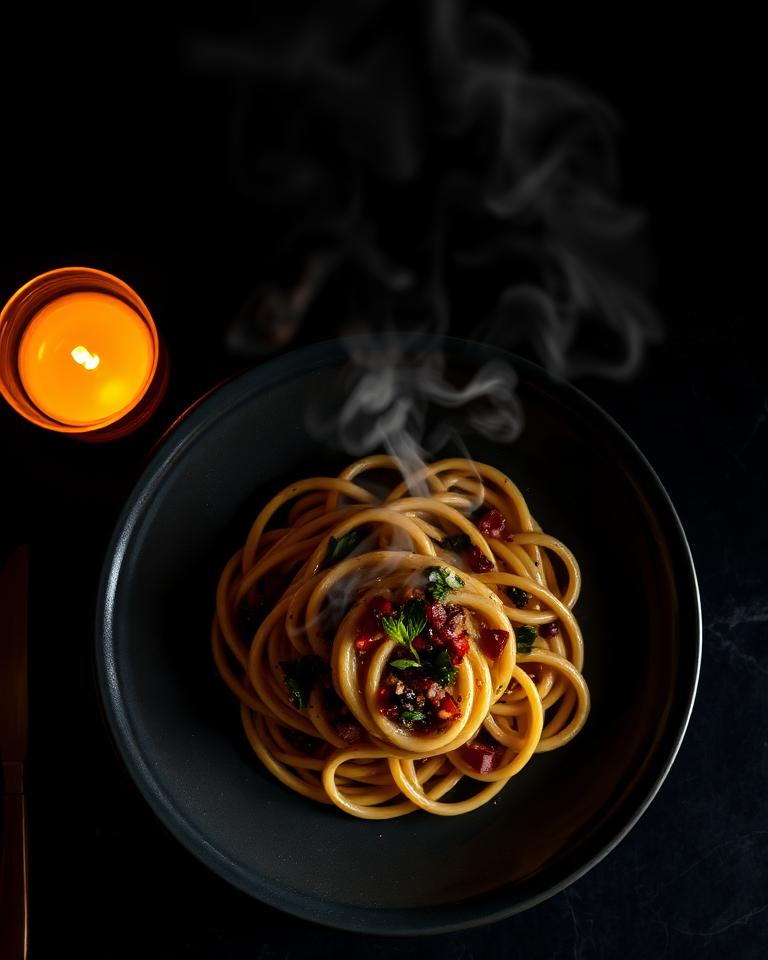 Pasta hero — moody overhead